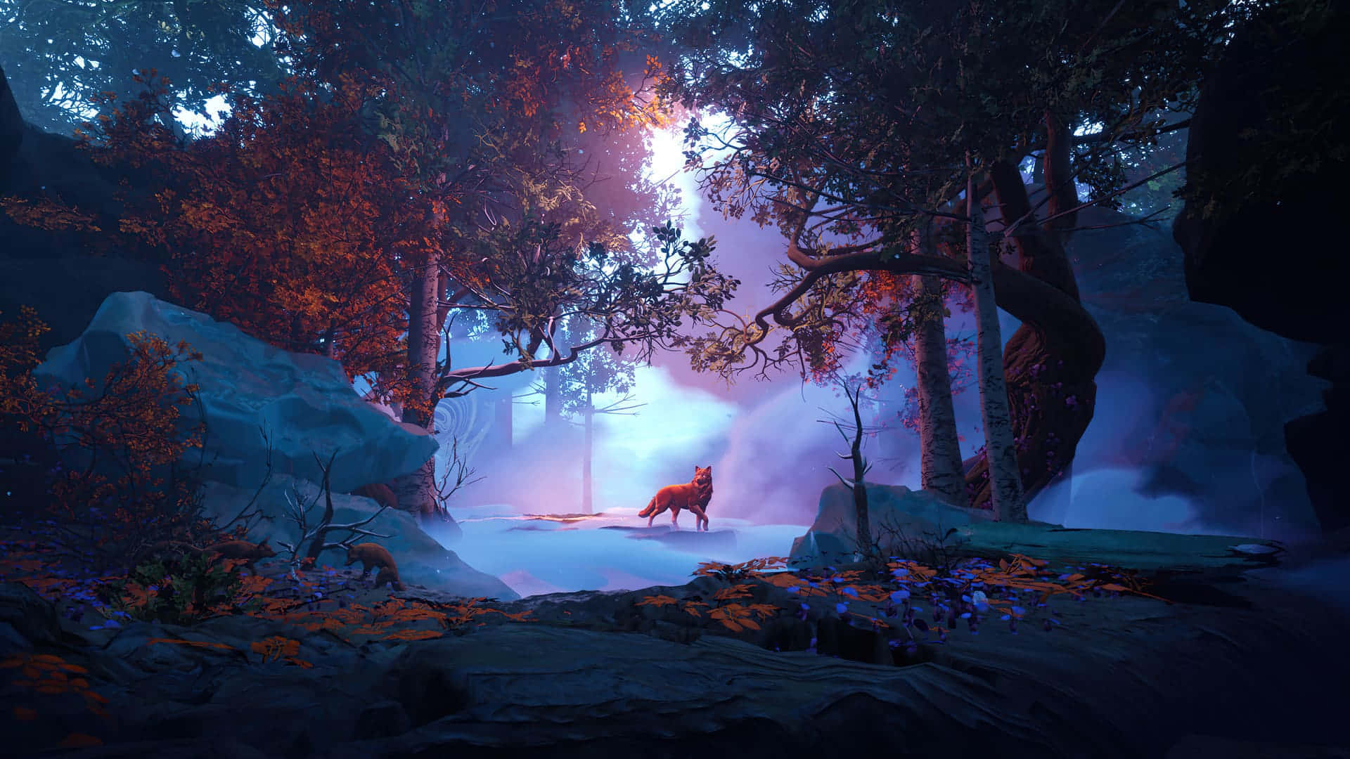 A Wolf Is Walking Through A Forest With A Glowing Light