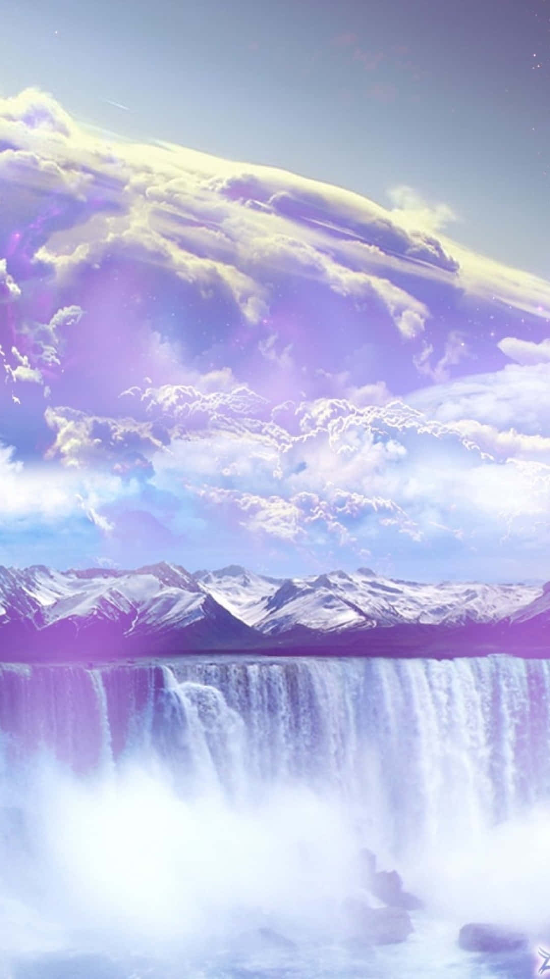 A Purple Waterfall With Clouds And Mountains Wallpaper