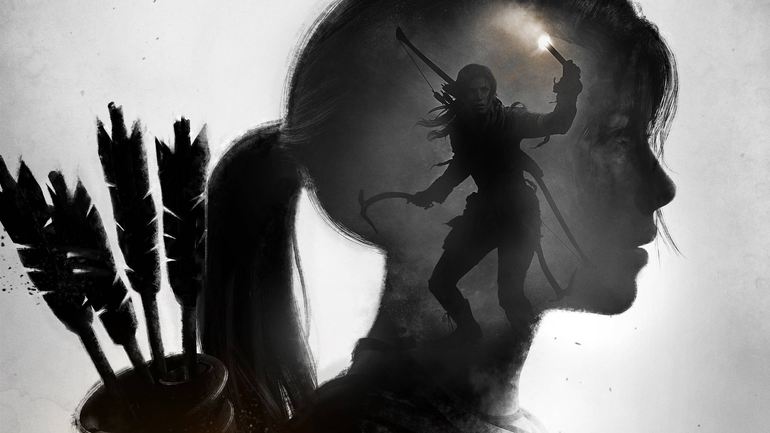 Lara Croft silhouette in Tomb Raider action scene. Wallpaper