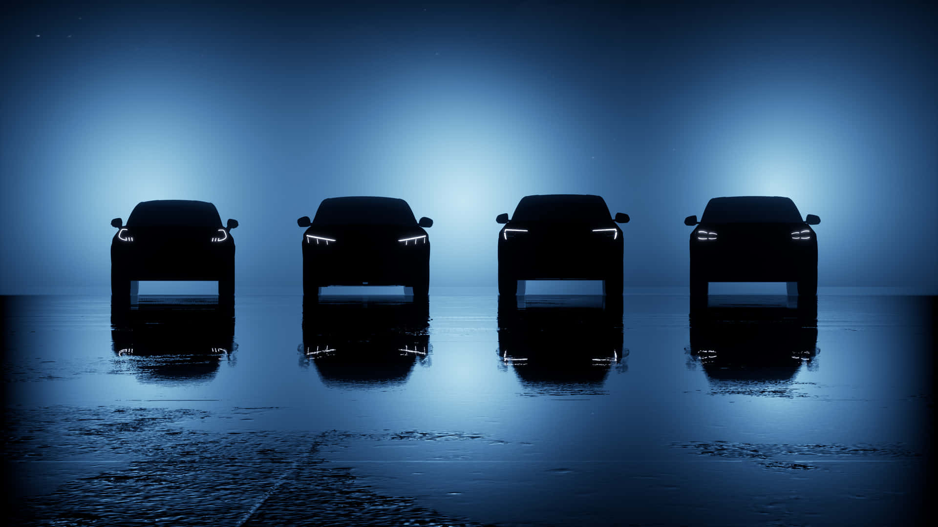 Four Suvs Are Lined Up In A Dark Room