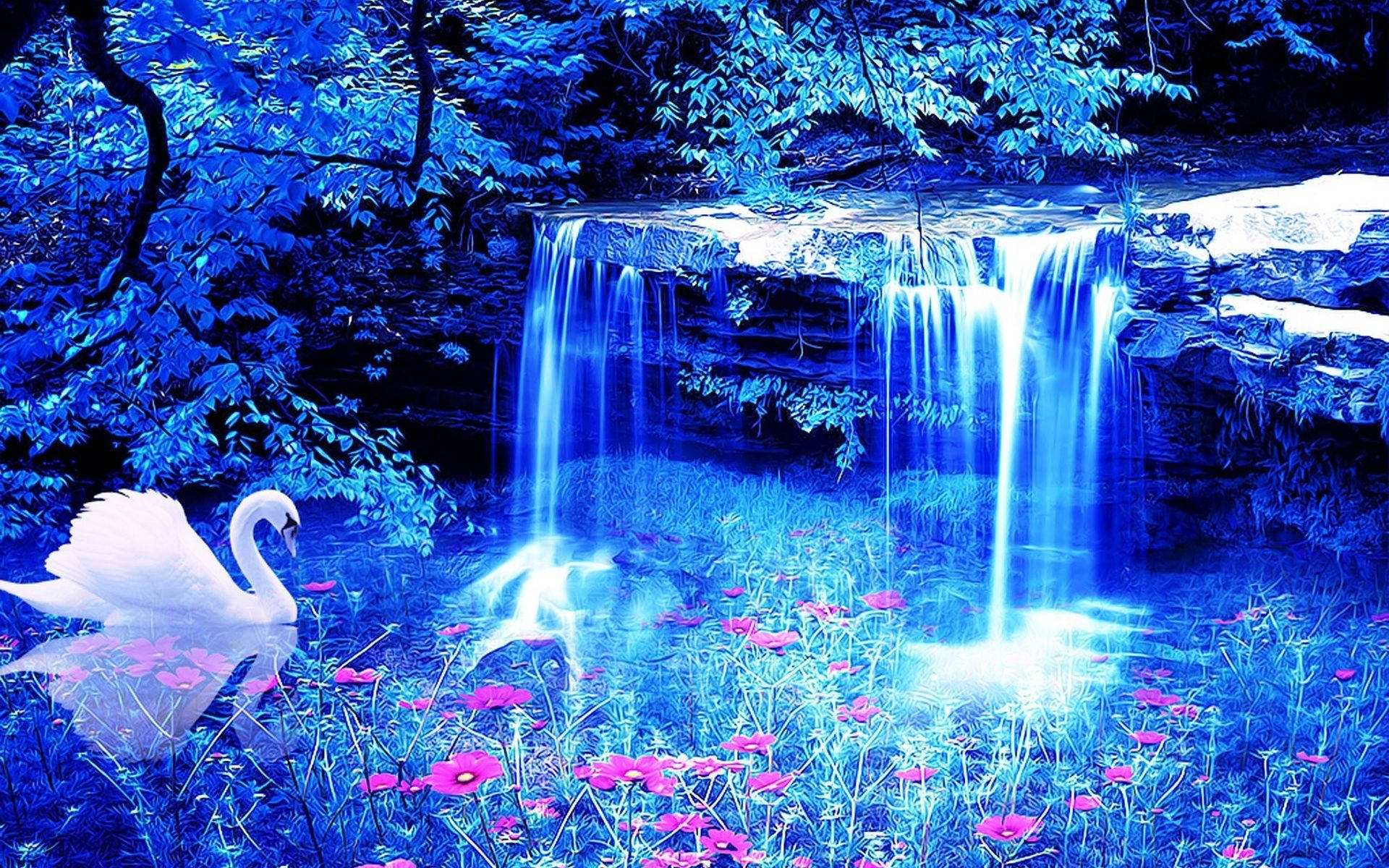 A view of the majestic 3D epic waterfall. Wallpaper