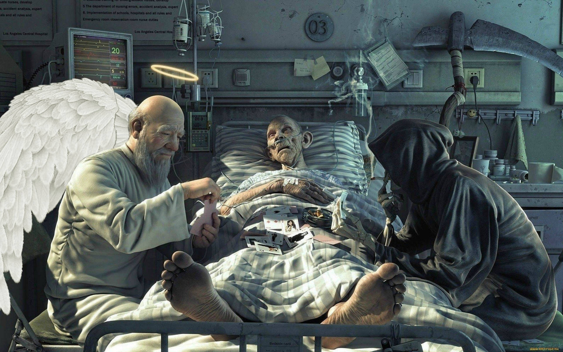 Caption: "Eerie Deathbed Scene in 3D Horror Aesthetics" Wallpaper