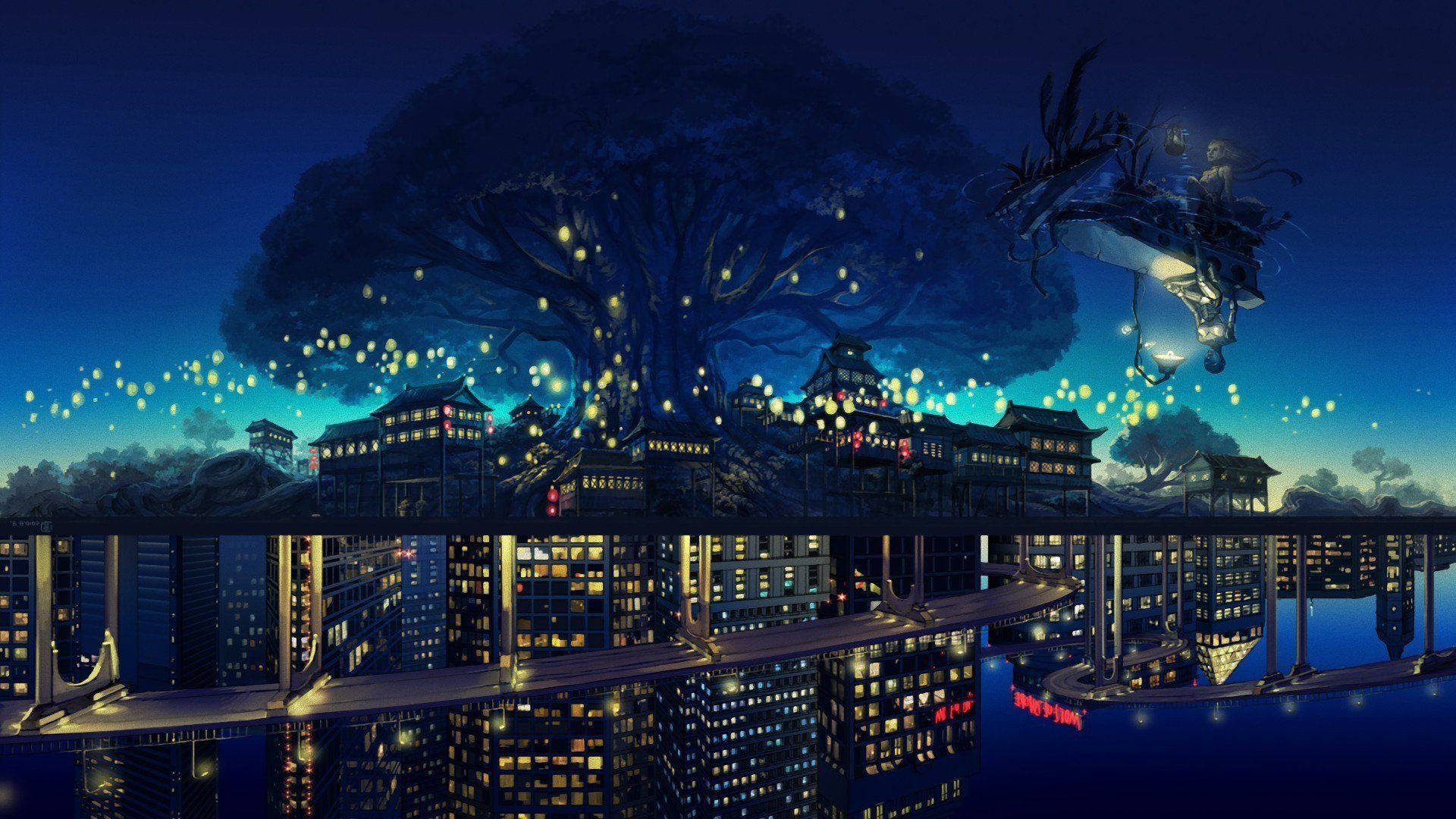 Aesthetic Anime City With World Tree Wallpaper
