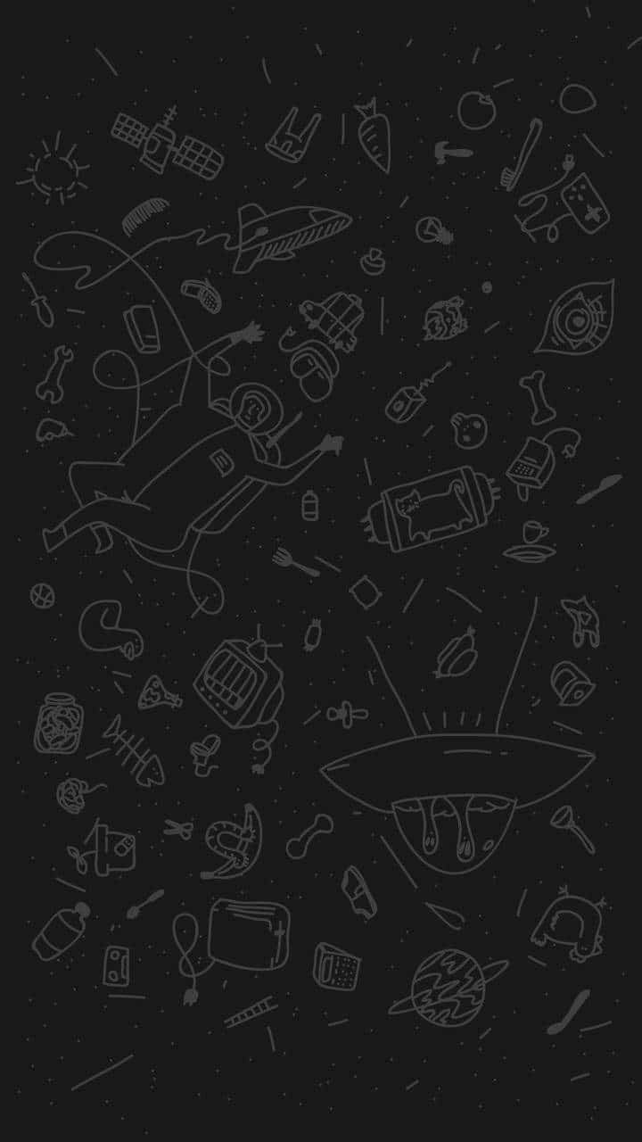 A Black Background With A Spaceship And Other Objects Wallpaper