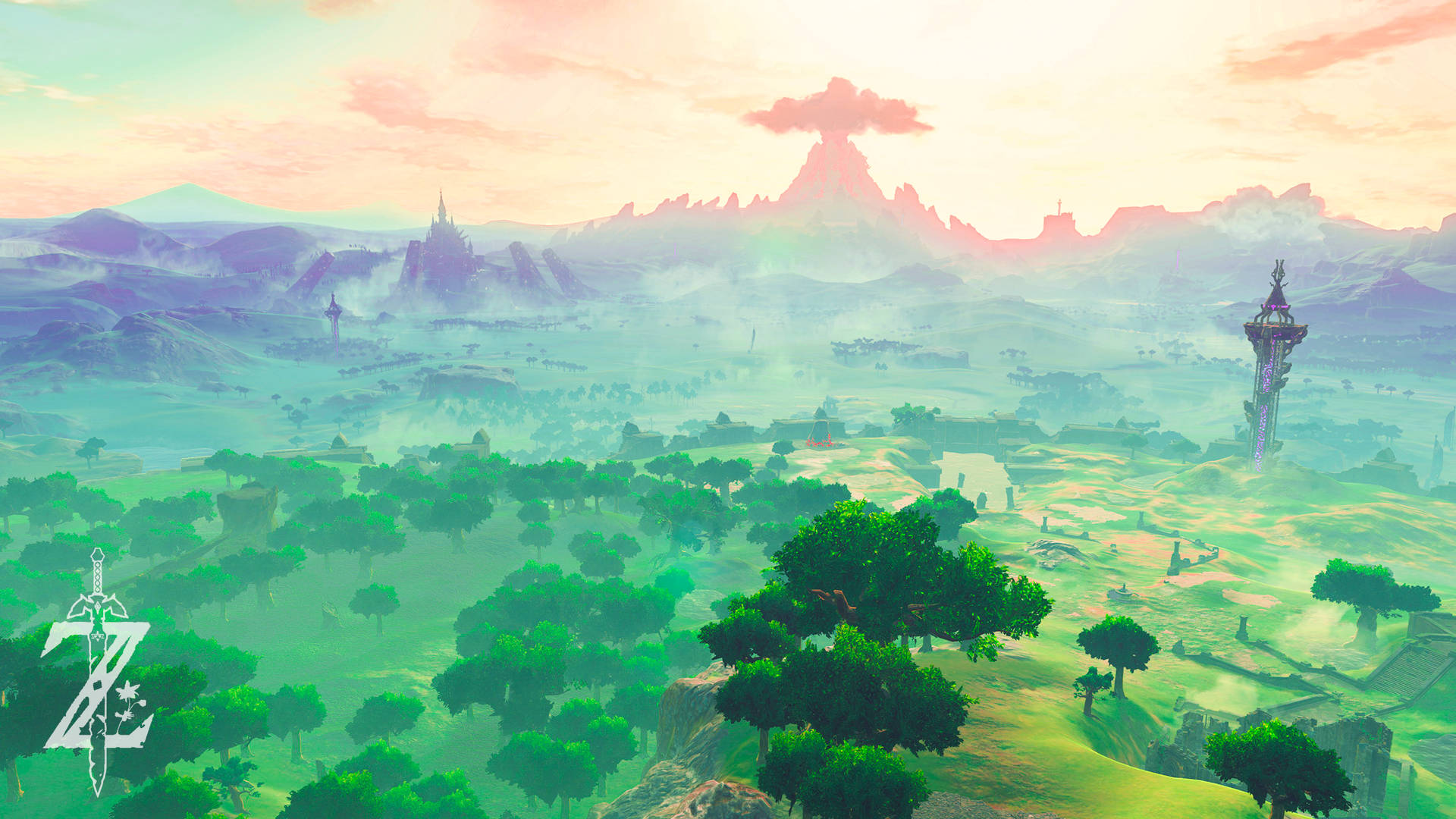 Explore the majestic and stunningly beautiful landscape of Hyrule from The Legend of Zelda: Breath Of The Wild Wallpaper