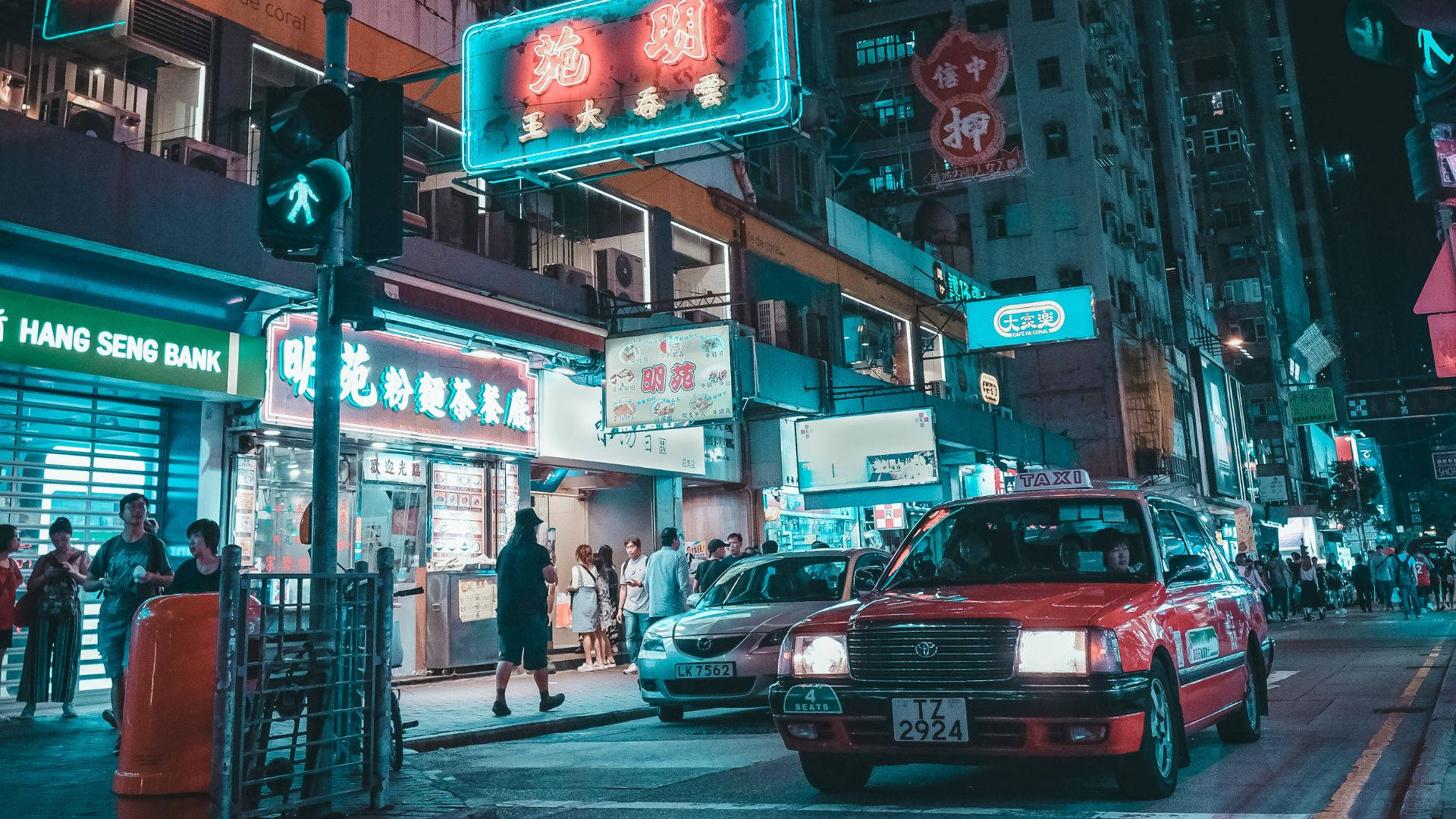Aesthetic Red Taxi In Neon City Wallpaper