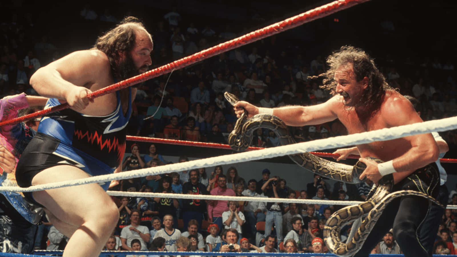 Caption: American Professional Wrestler, Jake Roberts, Threatening John Tenta in Classic Wrestling Match Wallpaper