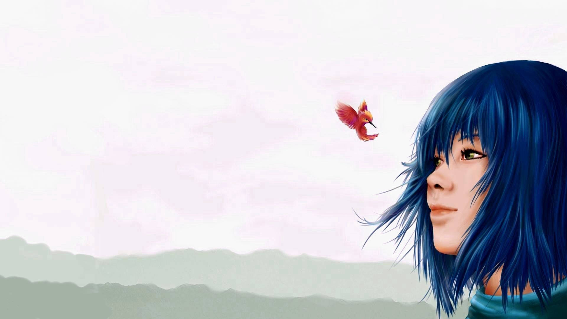 A mysterious anime girl enjoying a mesmerizing blue sunset. Wallpaper