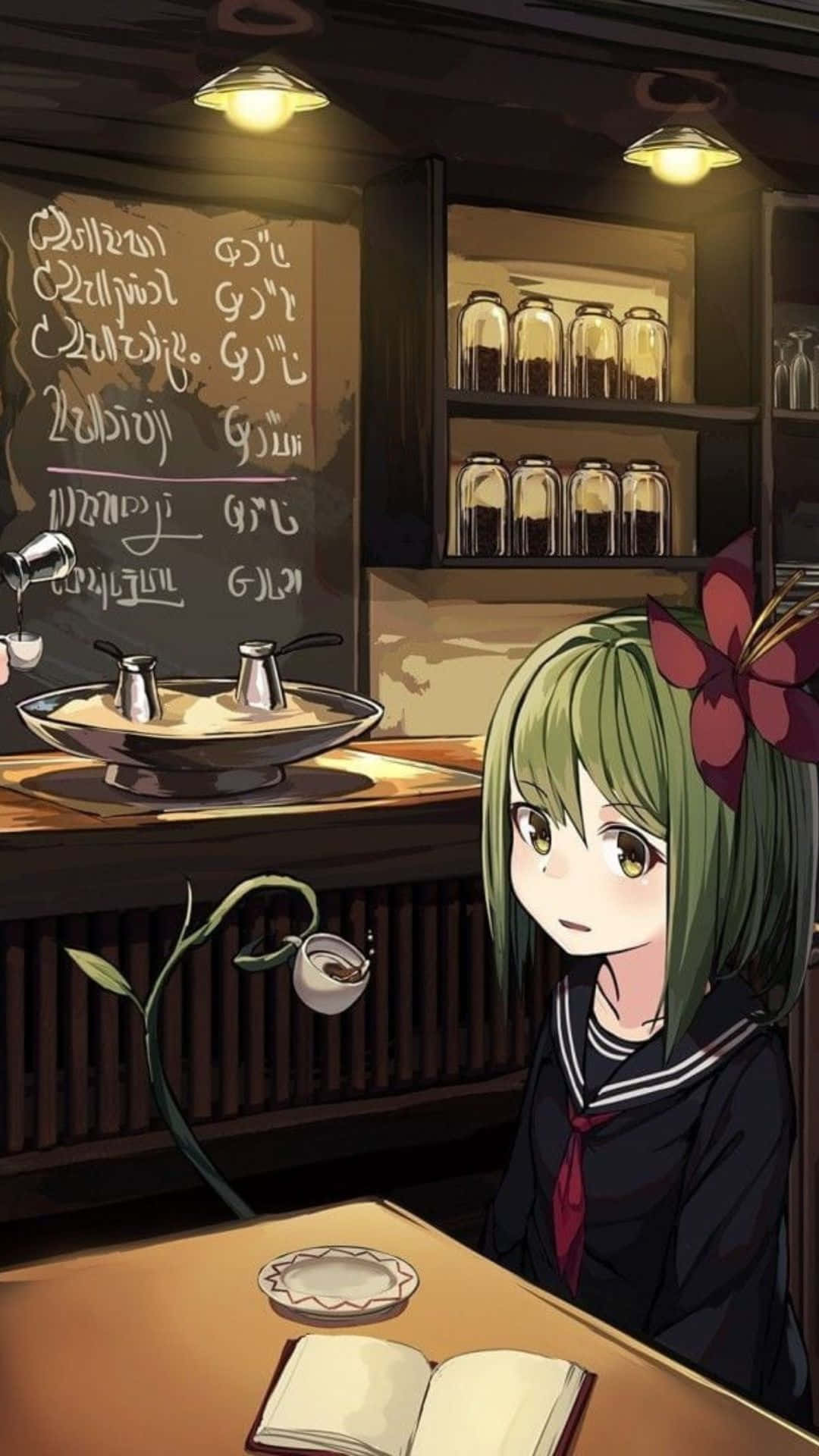 Anime Green Hair Cafe Background