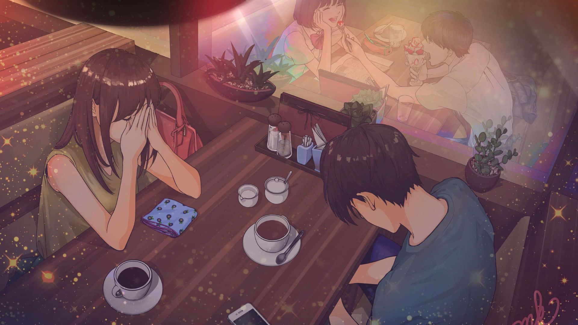 Anime Couple In Cafe Background