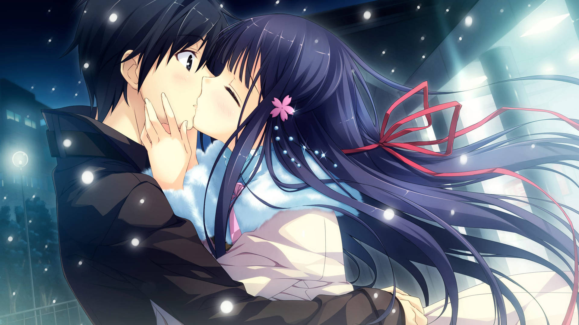 Anime Couple Kiss Blue Haired Wallpaper