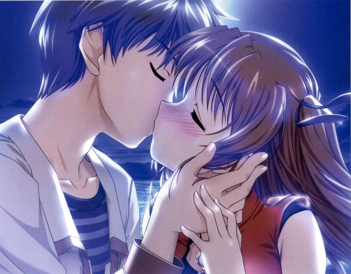 Anime Couple Kiss Under Moonlight Wallpaper