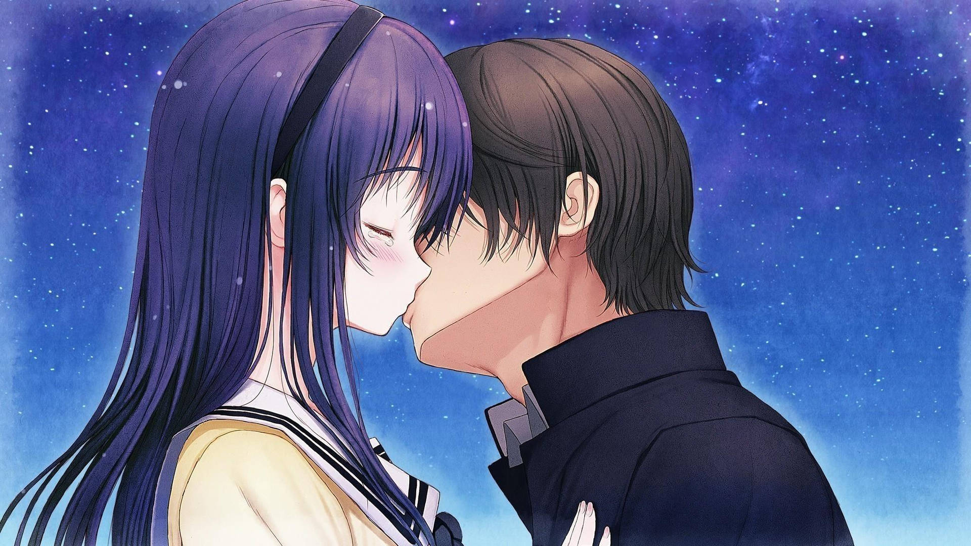 Anime Couple Kiss Under Starry Night Sky Wallpaper