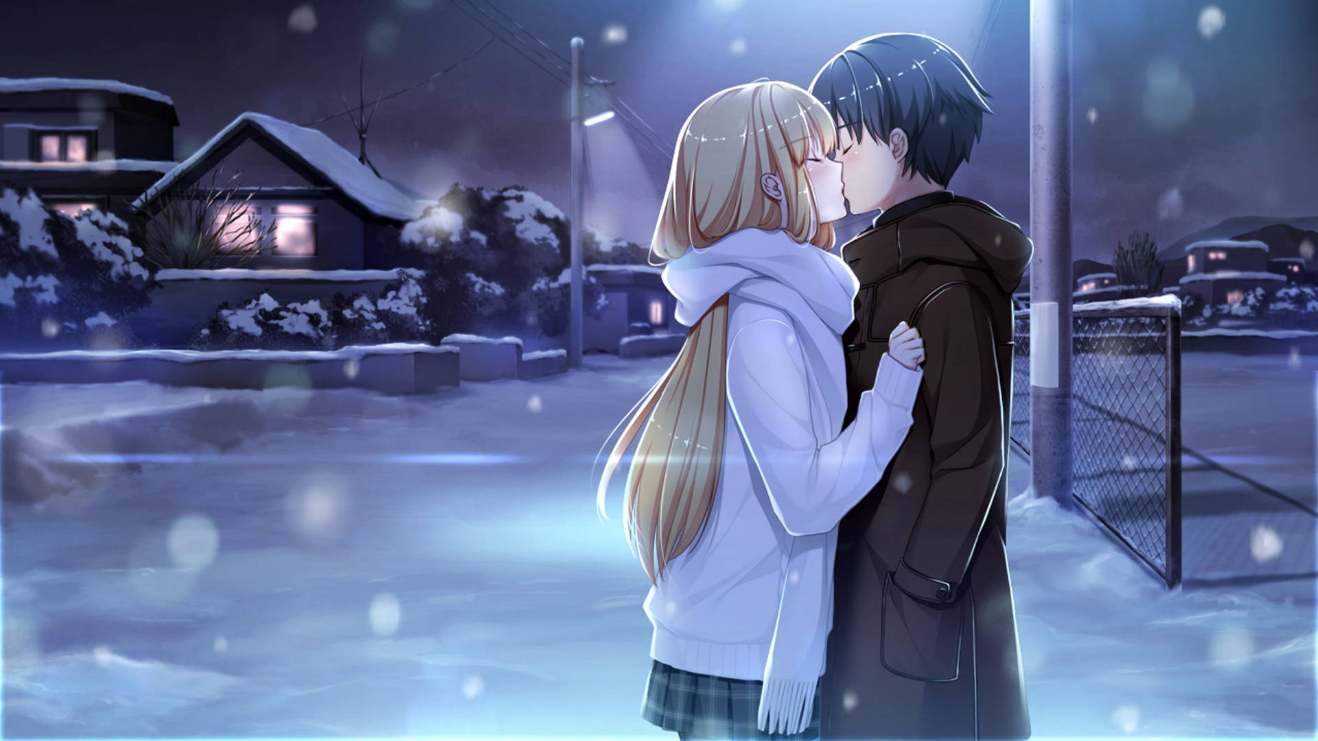 Anime Couple Kiss Under The Snow Wallpaper