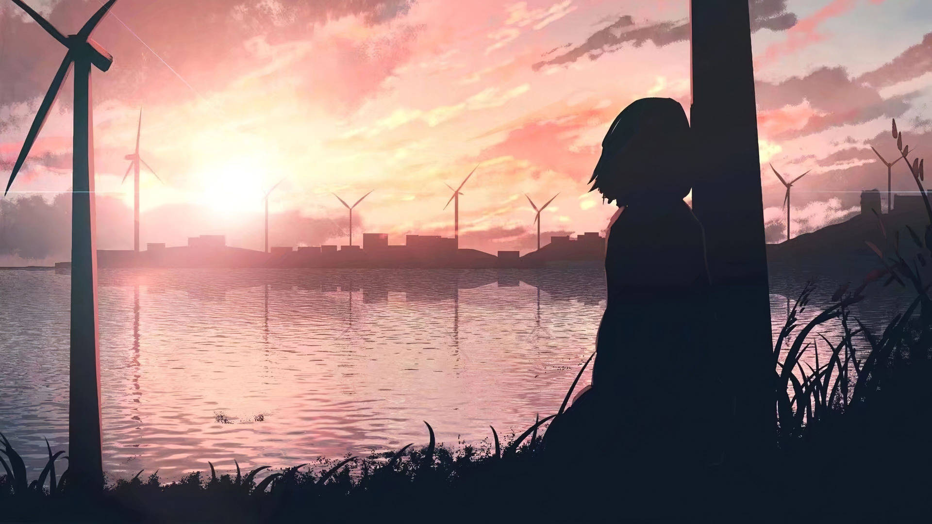 Anime Girl Sad Alone By Lake With Windmills Wallpaper