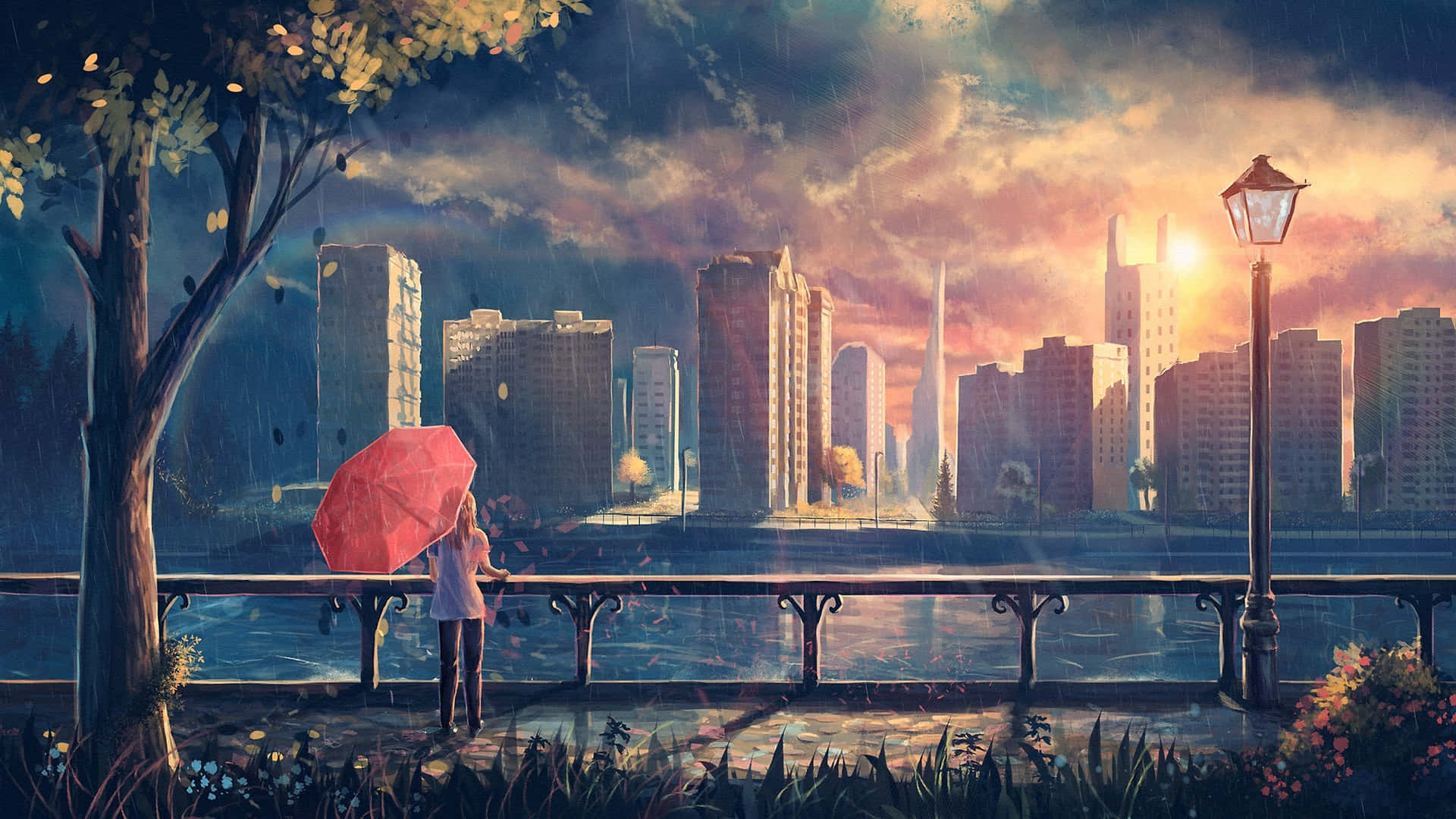 Anime Park Umbrella Sunset Background