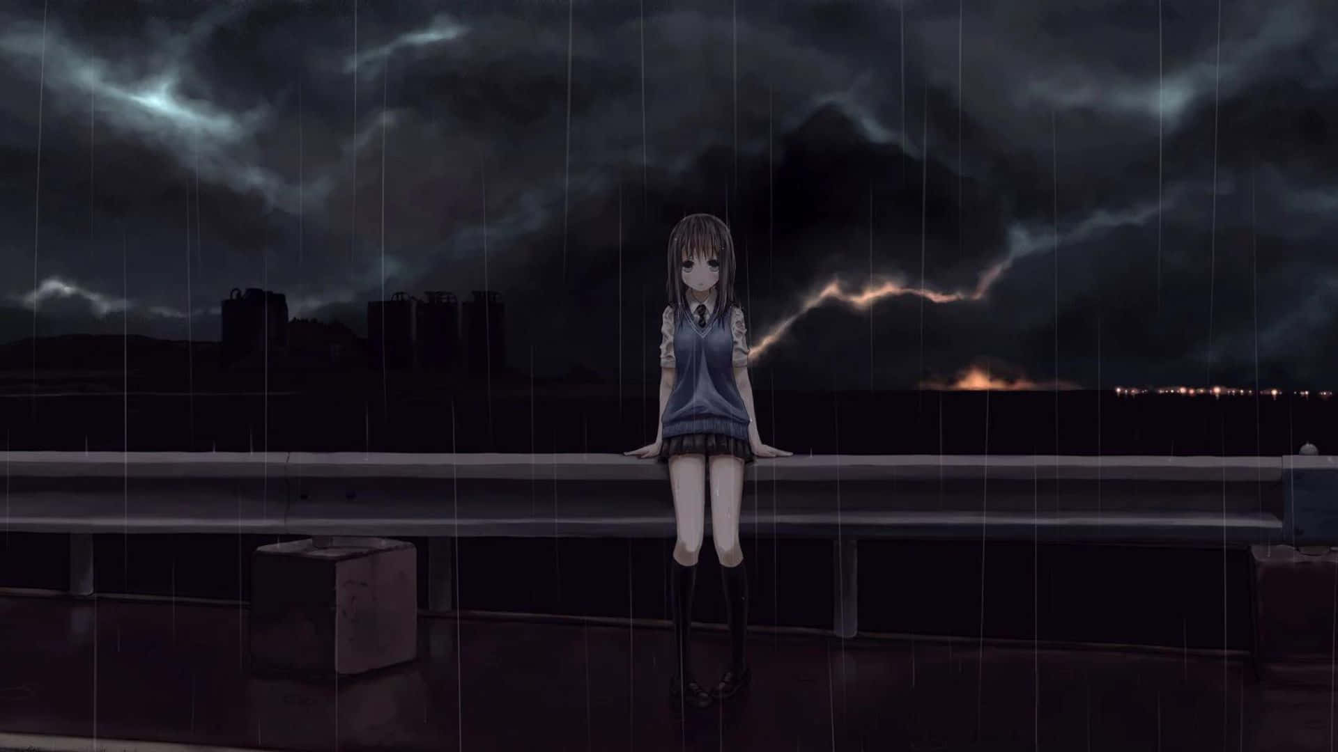 Girl Anime Rain Storm  Background