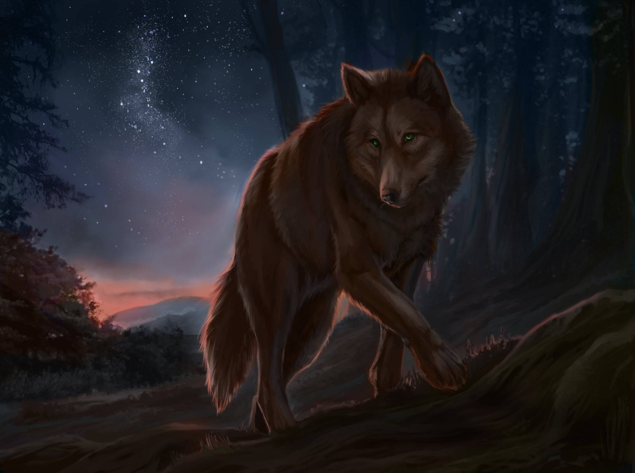 Anime Wolf Painting Forest At Night Wallpaper