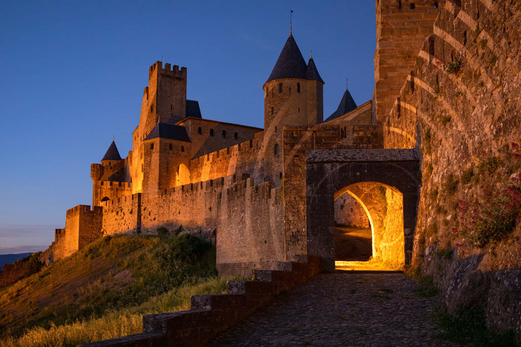 Aude Gate In Carcassonne During Nighttime Wallpaper