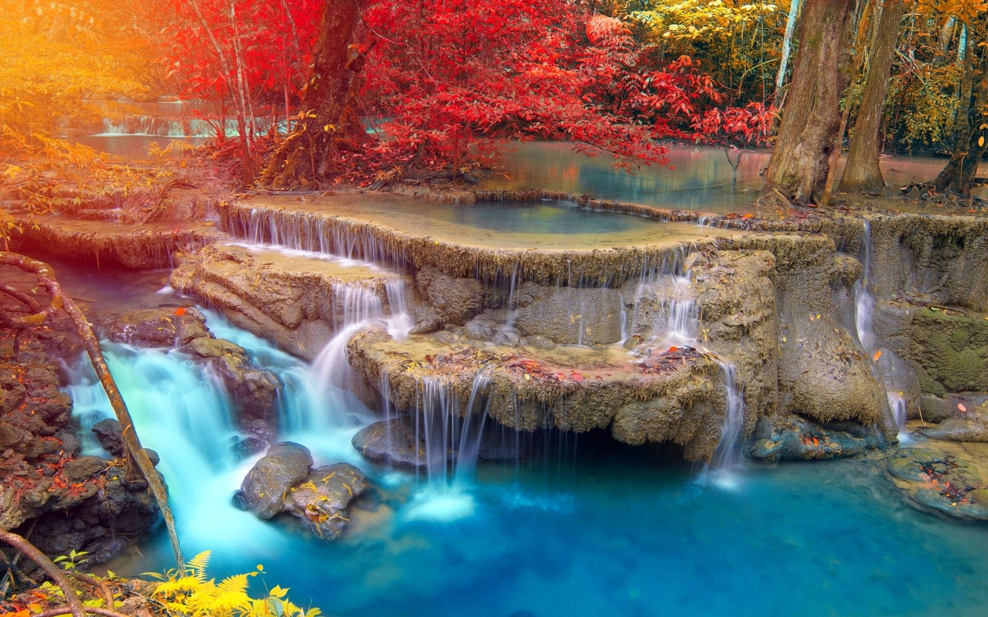"Serenity in Nature: Beautiful Waterfall Amidst Autumn Colors" Wallpaper