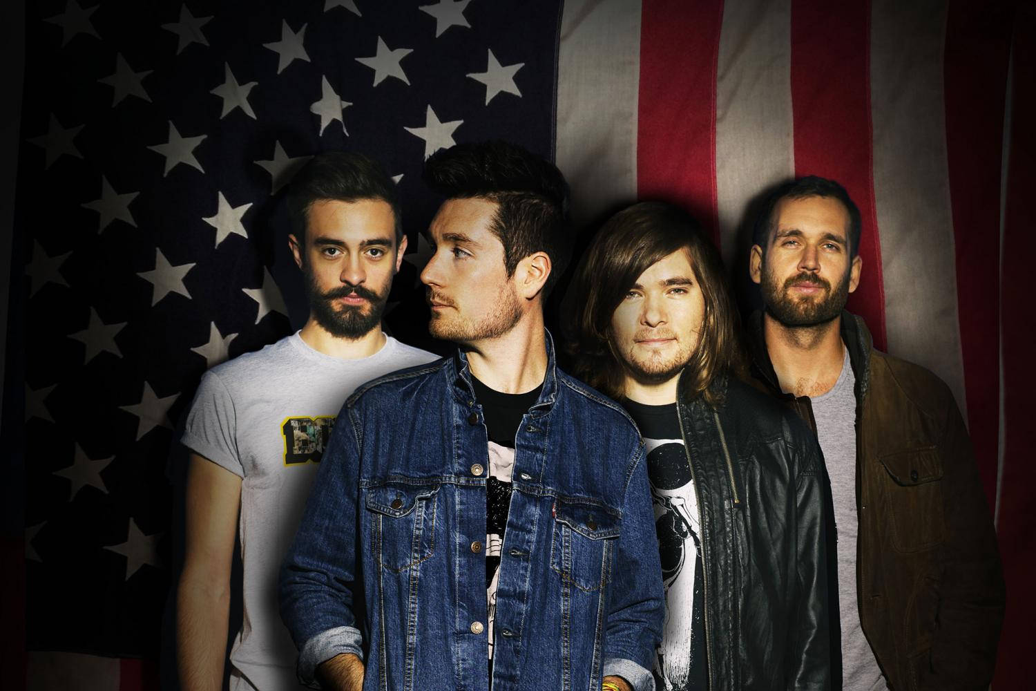 Bastille band posing with a union jack flag Wallpaper