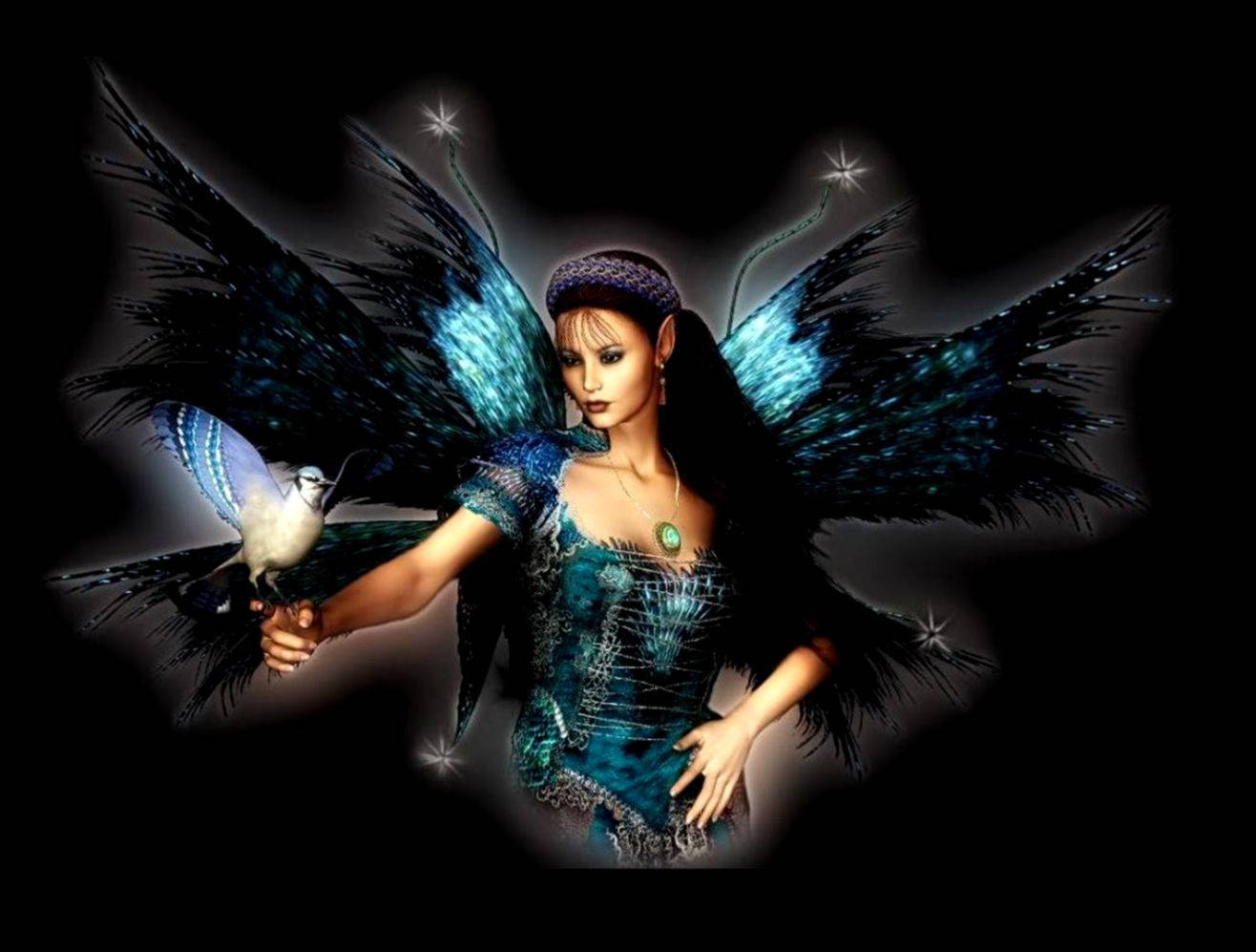 Caption: Mystical Enigma - Beautiful Dark Fairy with Blue Wings Wallpaper