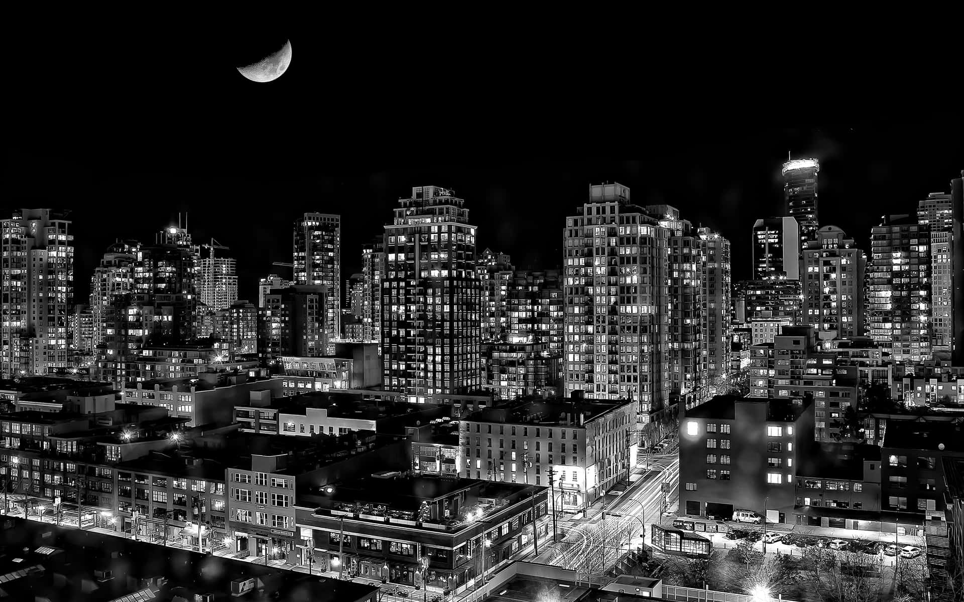 Black And White Vancouver City Lights Under Moon Background