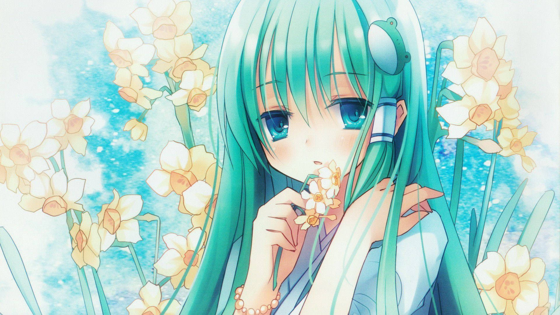 "A blue-haired girl looking up, ensconced in a cityscape" Wallpaper