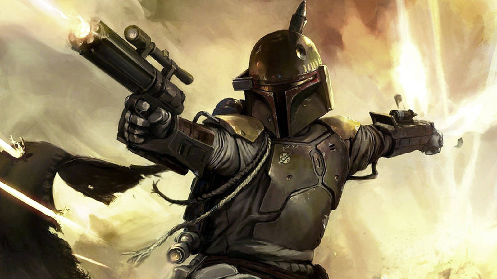 "Boba Fett, the notorious bounty hunter, with his signature blasters." Wallpaper