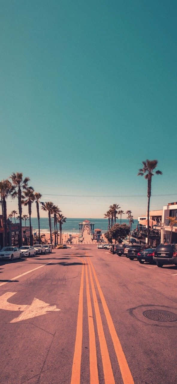 A Street With Palm Trees And A Beach Wallpaper