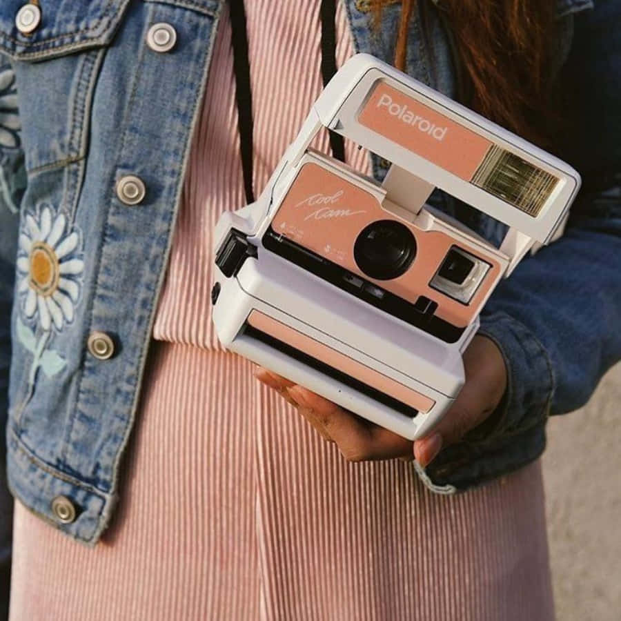 A Girl Holding A Pink Polaroid Camera