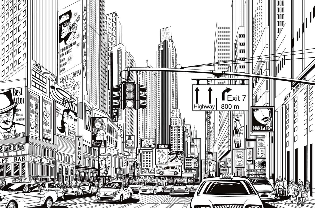 Black And White Cartoon City Background