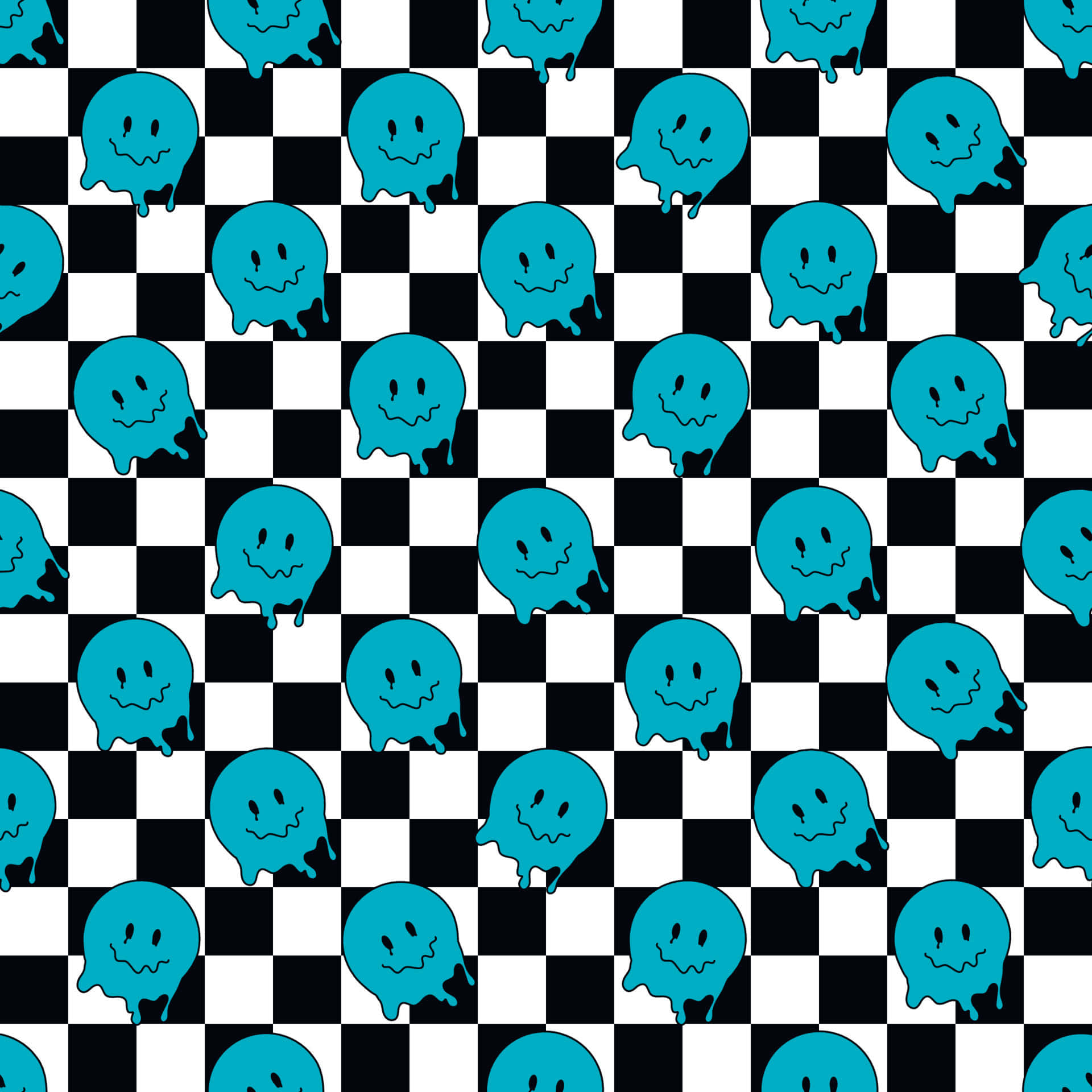 Checkered Blue Aesthetic Trippy Smiley Face Wallpaper