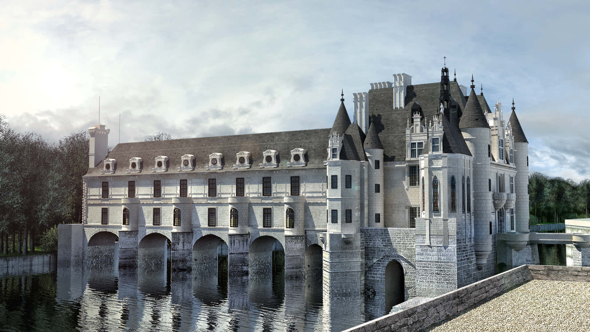 Caption: An Awe-Inspiring View of the Chenonceau Castle on a Gray Day Wallpaper