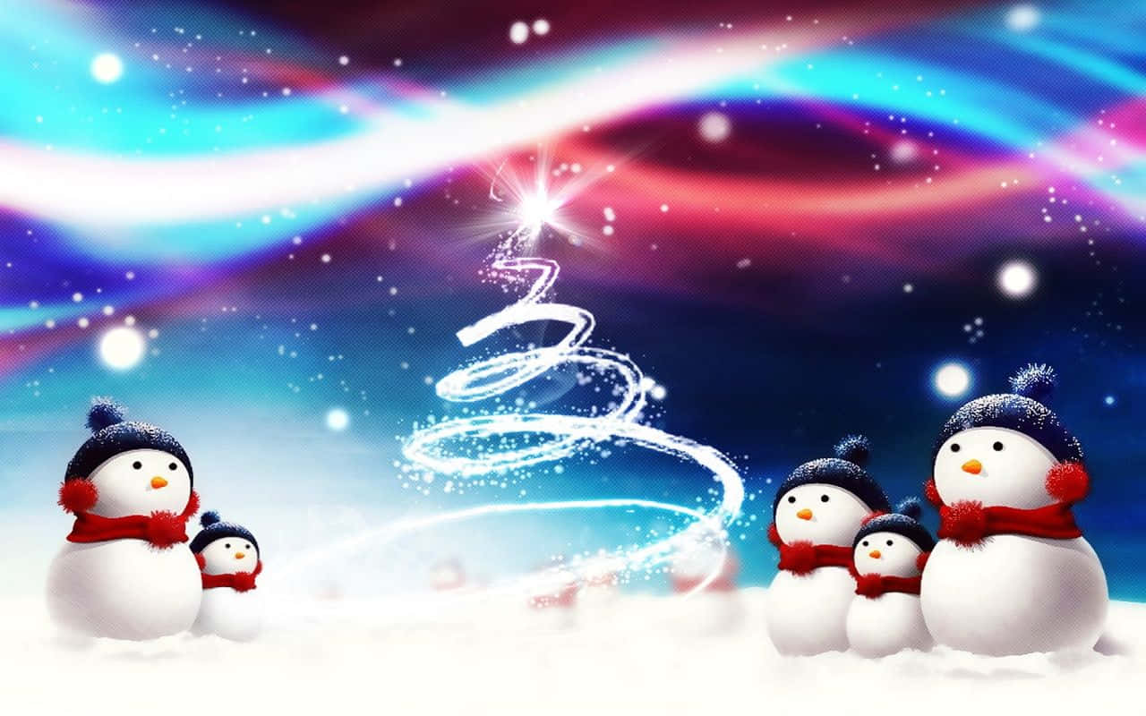 A Snowy Christmas Scene with a Festive Snowman Wallpaper