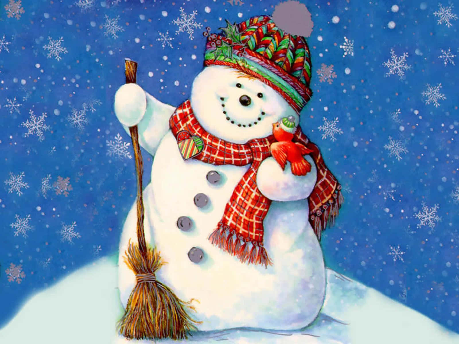 A happy snowman in front of the Christmas tree, spreading joy and laughter Wallpaper