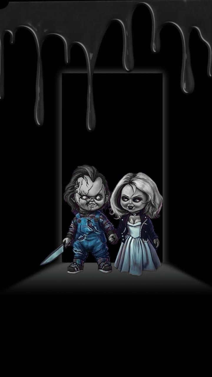 Chucky And Tiffany Dark Horror Art Wallpaper