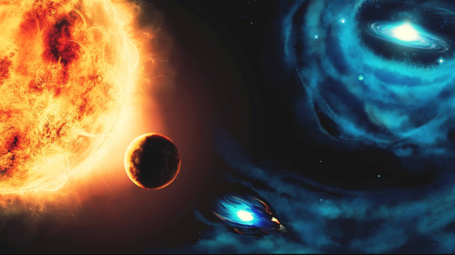 Caption: A Fiery Embrace - The Universe Unveiled Wallpaper