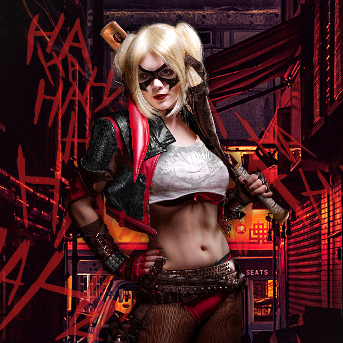 "Bold Cosplay of Harley Quinn with Red and Black Motifs" Wallpaper