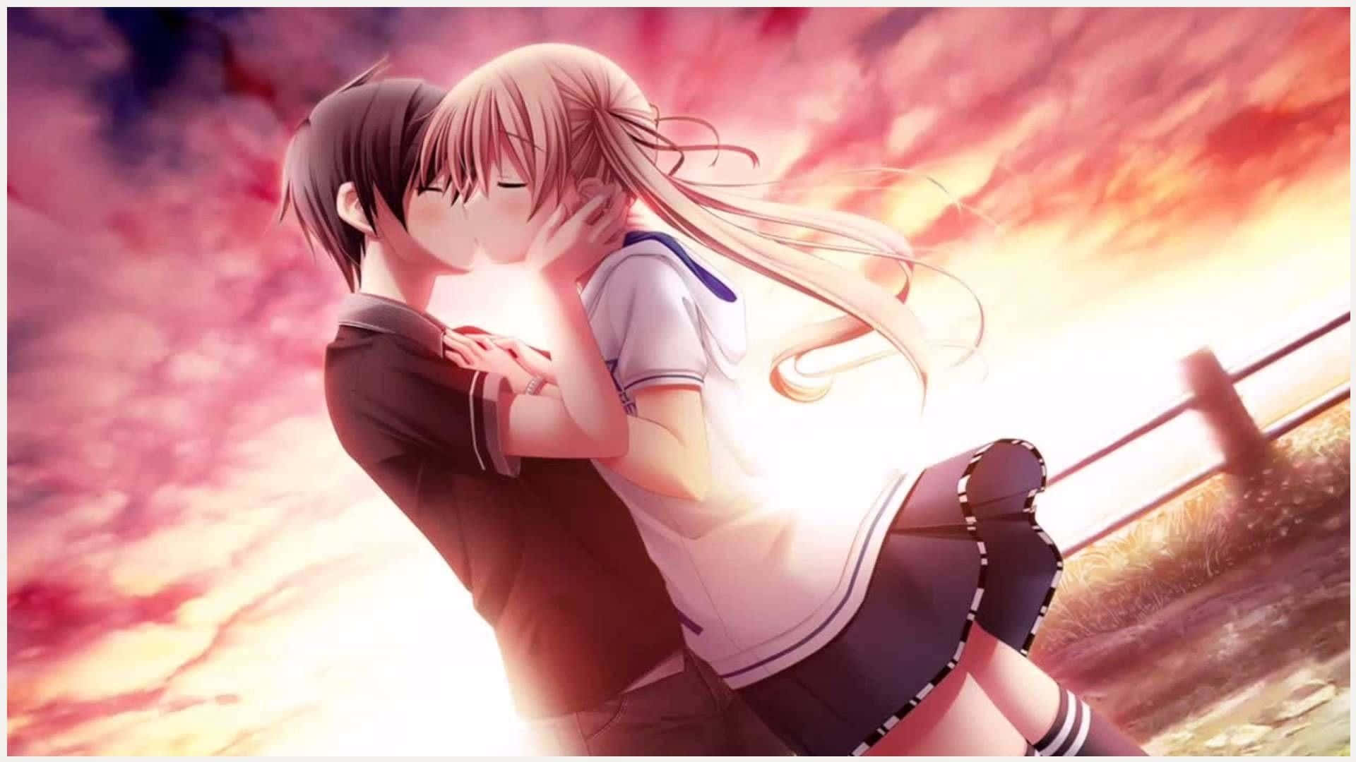 Couple Kissing Anime With Sunset Sky Picture