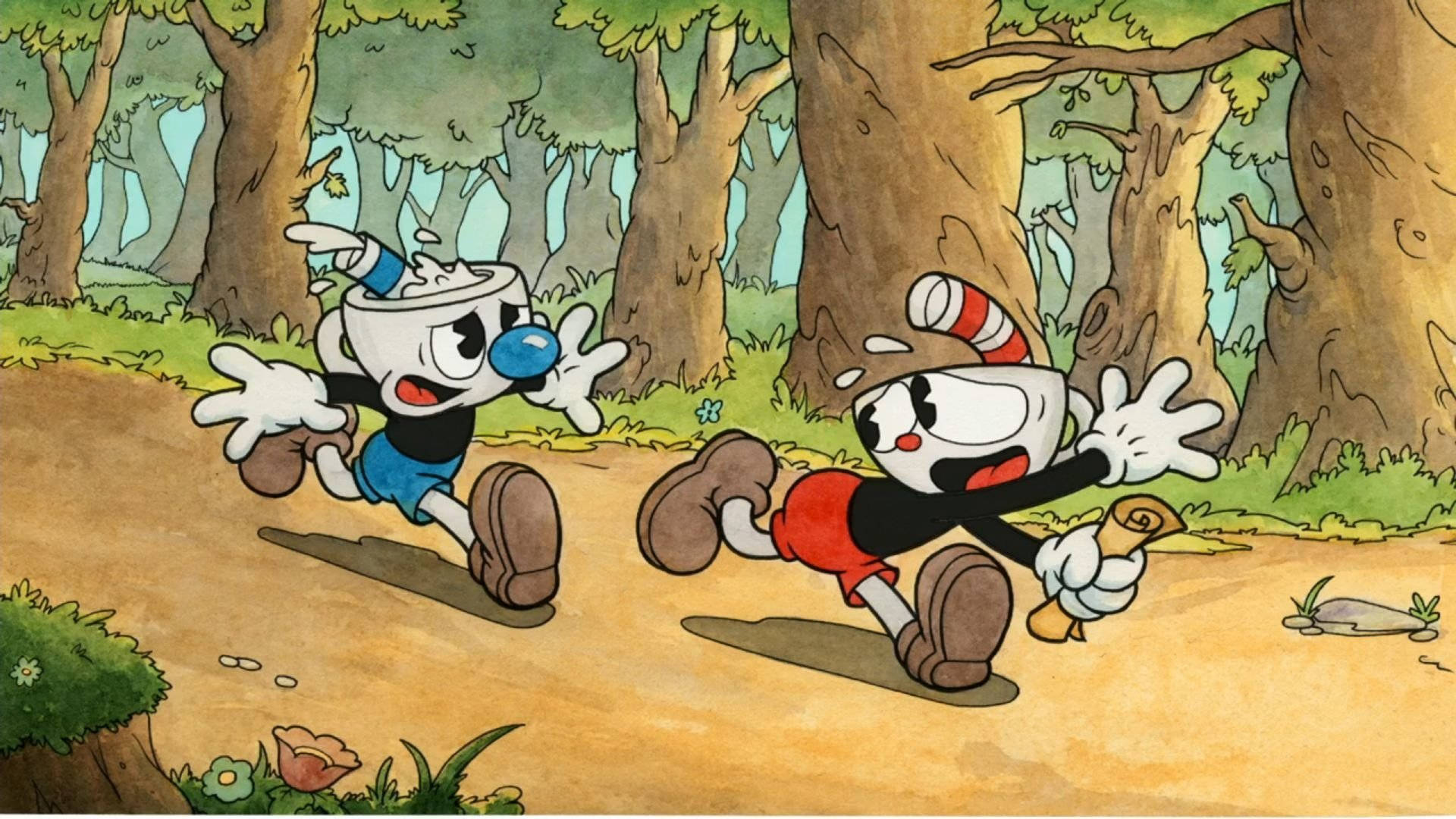 Cuphead and Mugman take a break in the tranquil forest Wallpaper