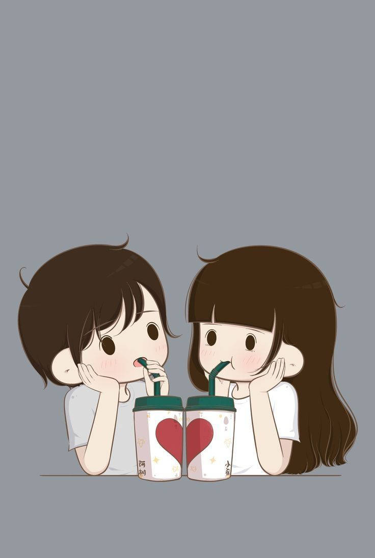 Cute Couple Cartoon Grey Background Wallpaper