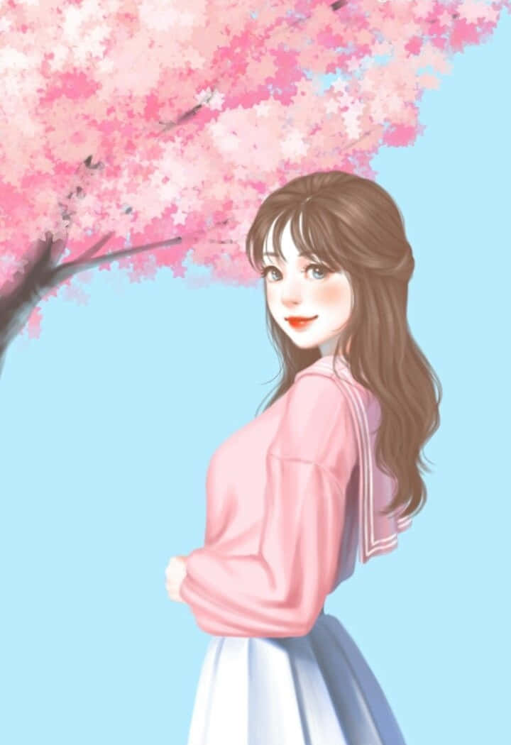 Cute Girl With Cherry Blossom Anime Cartoon Wallpaper
