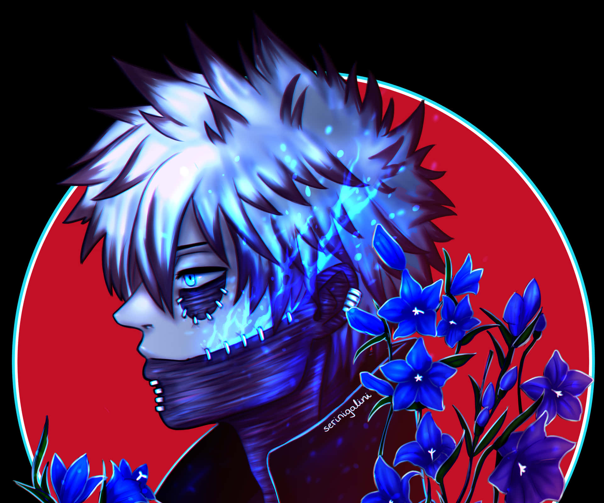 A Blue Anime Character With Blue Flowers Wallpaper
