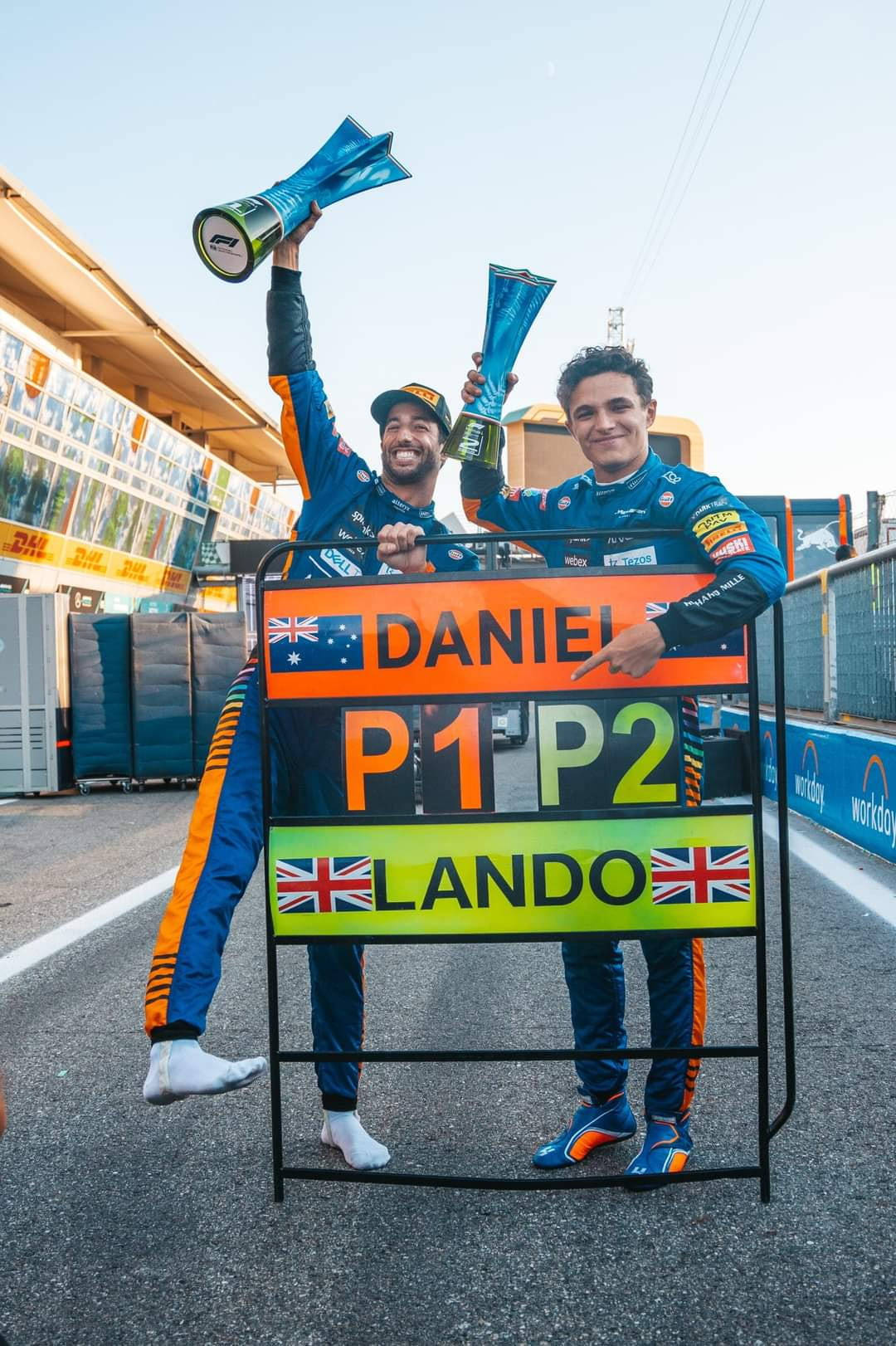 Daniel Ricciardo and Lando Norris celebrating with their trophies Wallpaper