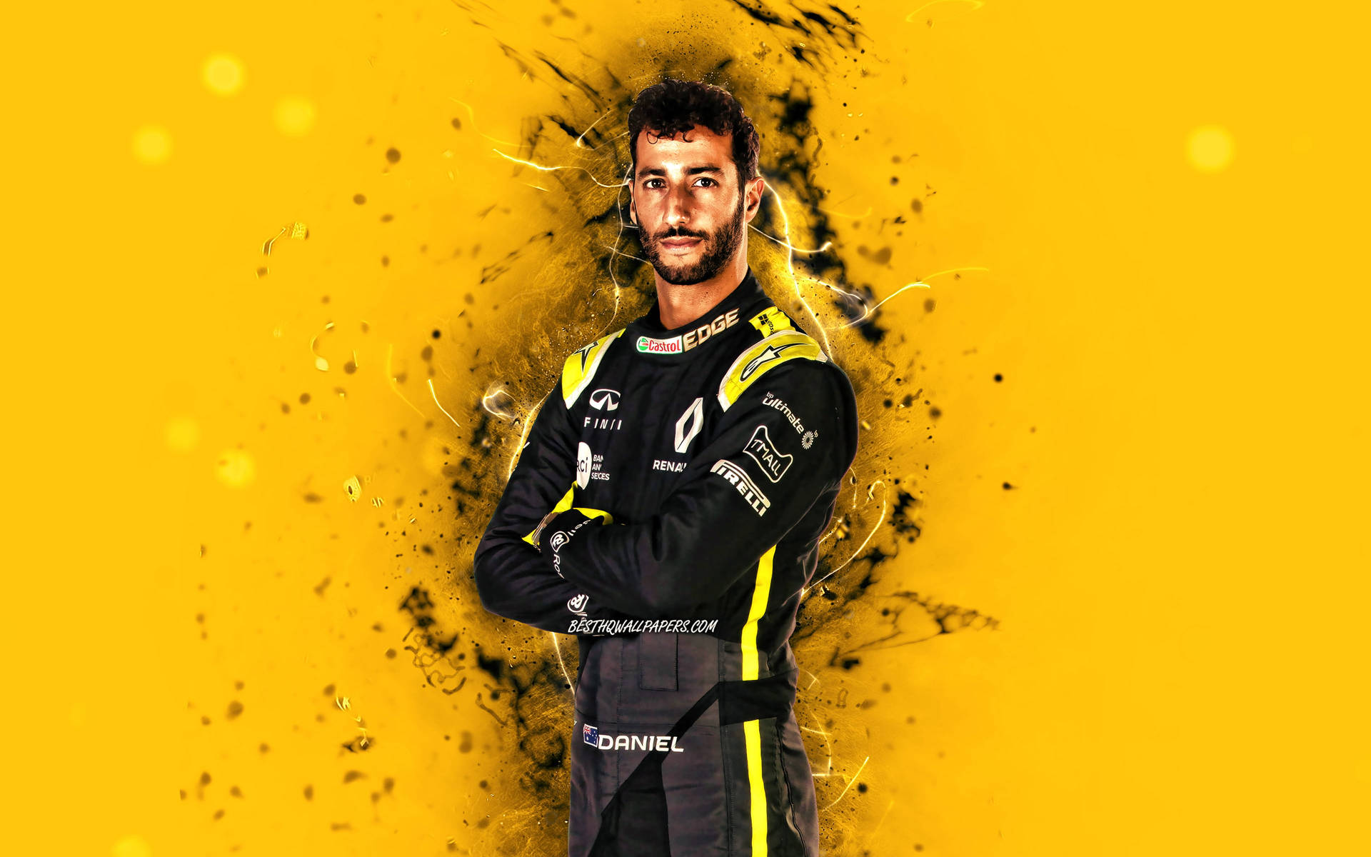 "Daniel Ricciardo Poses in Confidence Against a Yellow Background" Wallpaper