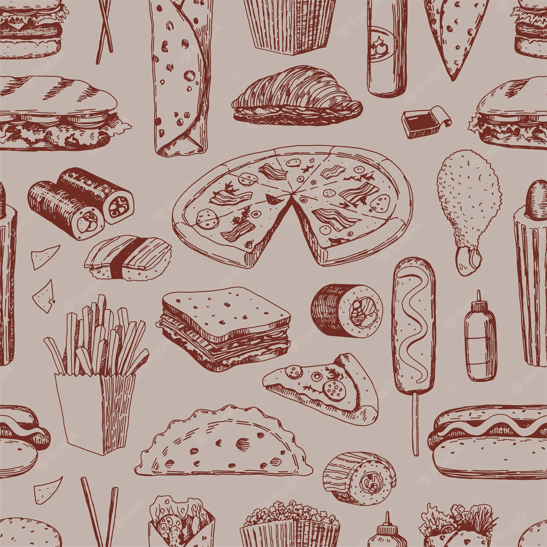 A Seamless Pattern Of Food Items Wallpaper