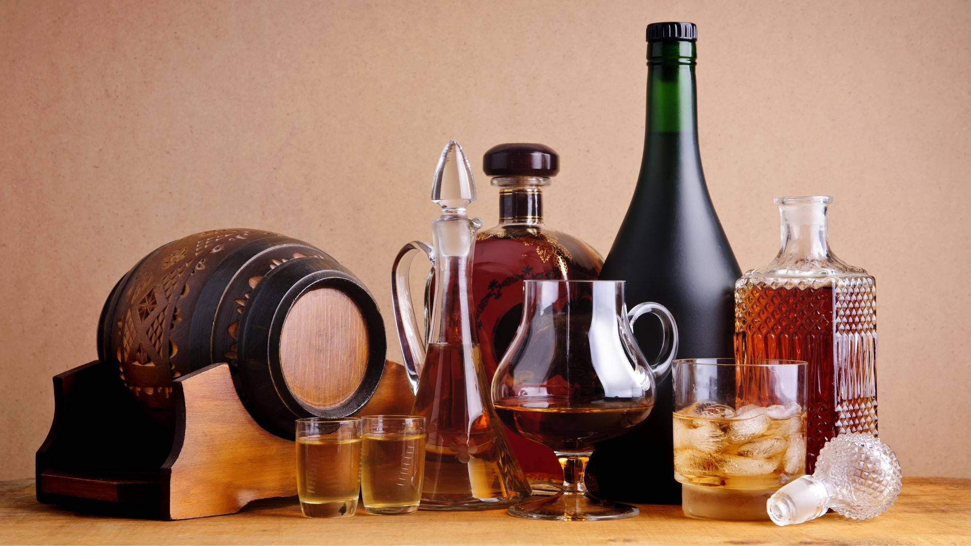 Different Drinking Alcohol With Wooden Barrel Wallpaper