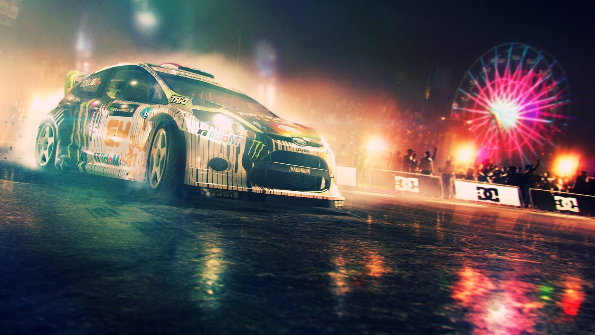 Caption: Thrilling Rally Race in Dirt 3 with a Ferris Wheel in the Background Wallpaper