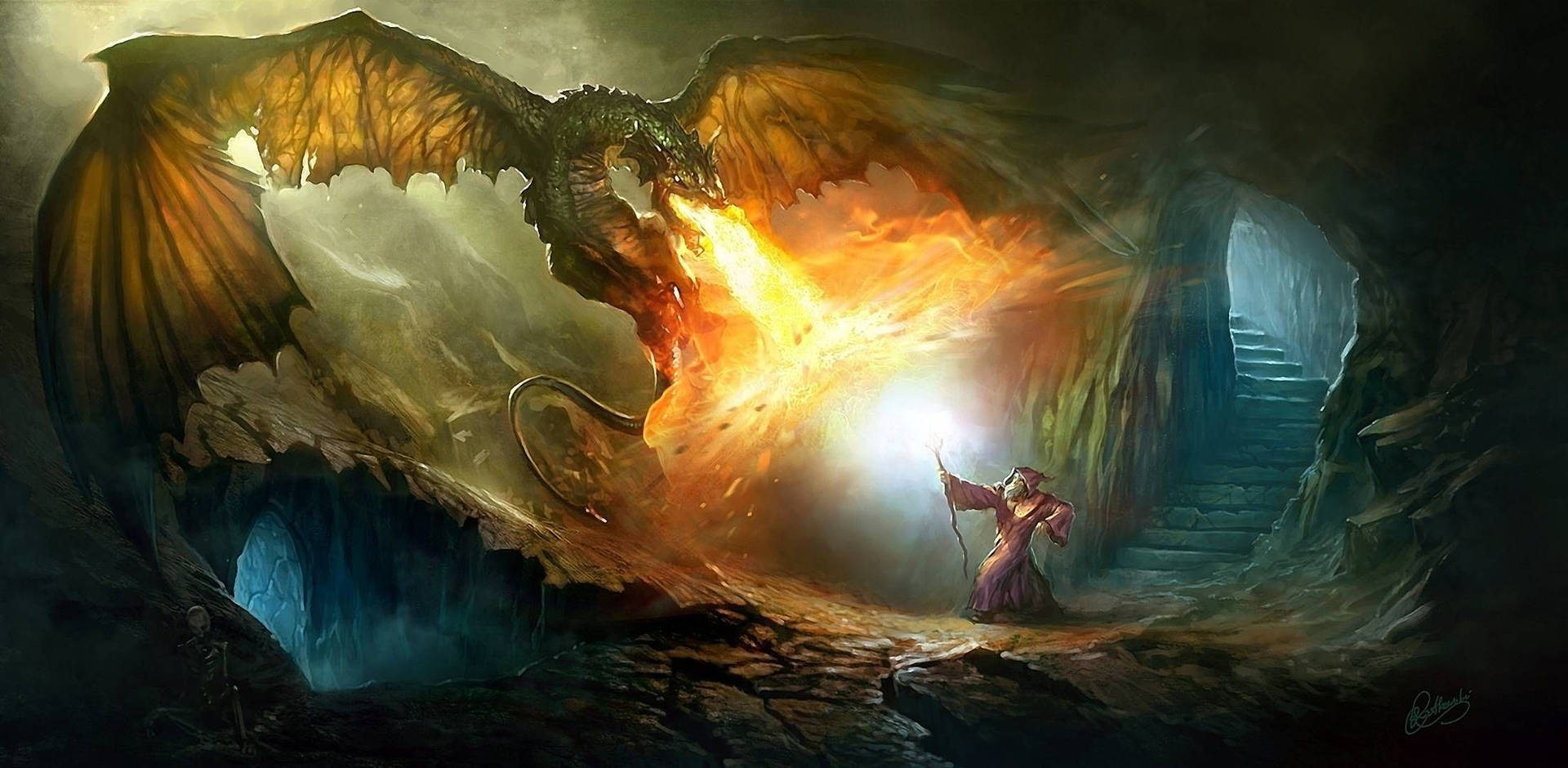 A Heroic Wizard Prepares To Do Battle With A Powerful Dragon Wallpaper